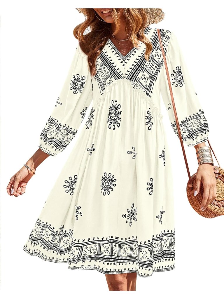 Women's Floral Print White 3/4 Long Sleeve V Neck Casual Mini Short Dress